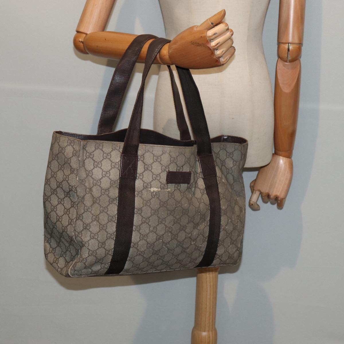 GUCCI GG Supreme Tote Bag PVC Leather Beige Silver 141624 86913