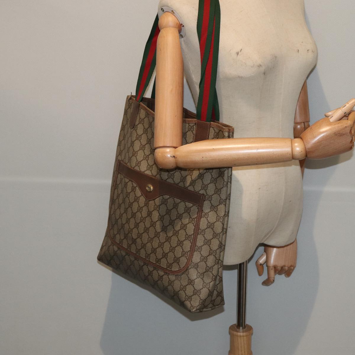 GUCCI GG Supreme Web Sherry Line Tote Bag PVC Red Gold 89 02 003 86919