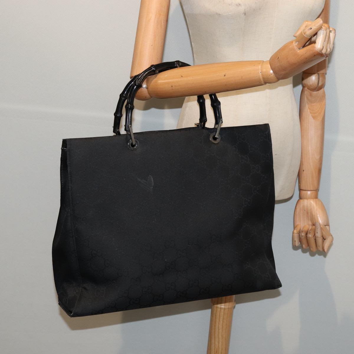 GUCCI GG Canvas Bamboo Hand Bag Black Silver 002 1015 86927