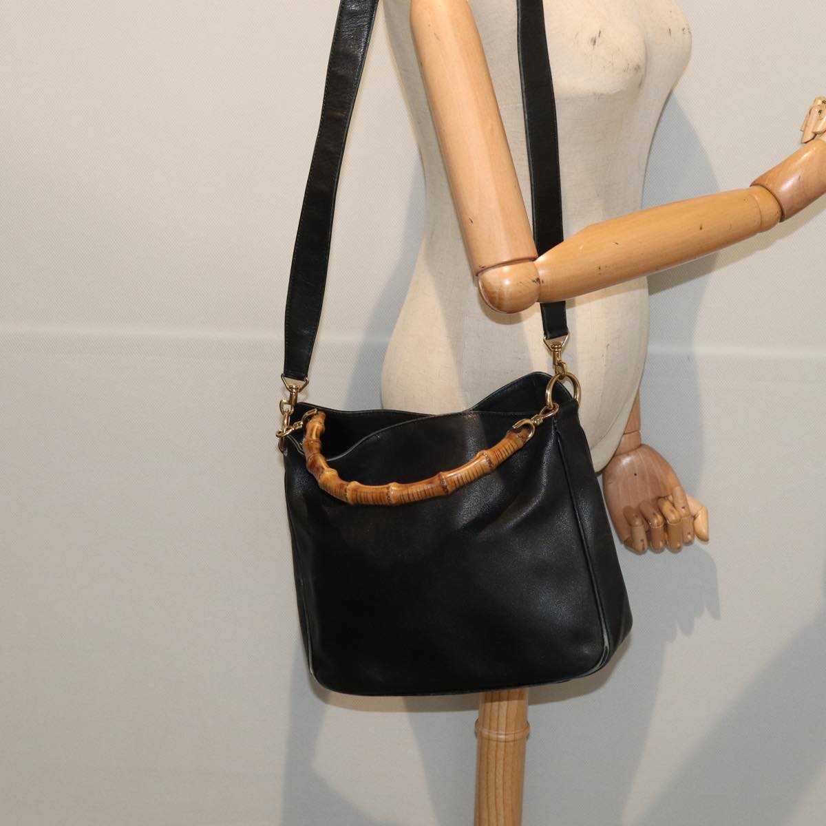 GUCCI Bamboo Hand Bag Leather 2way Black Gold 001 1638 3444 86928