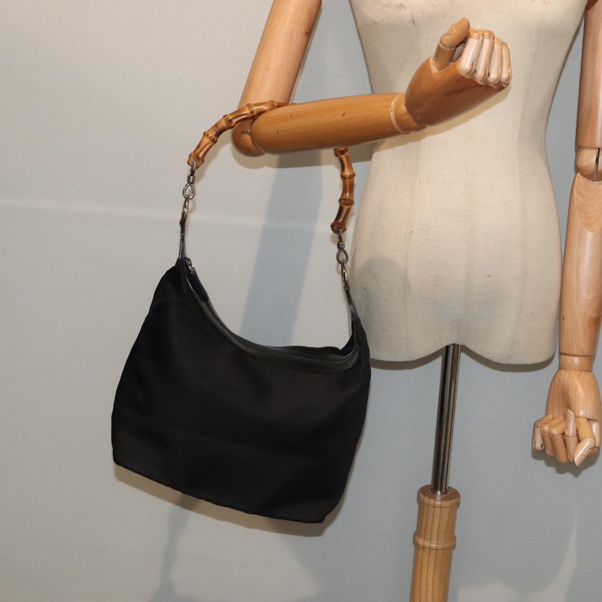 GUCCI Bamboo Hand Bag Nylon Black Silver 000 2296 0531 86929