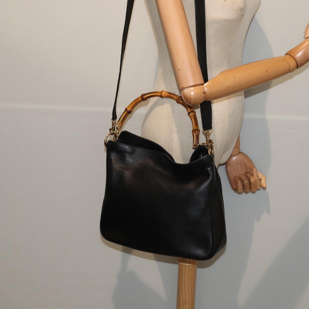 GUCCI Bamboo Hand Bag Leather 2way Black Gold 001 1998 1638 86932