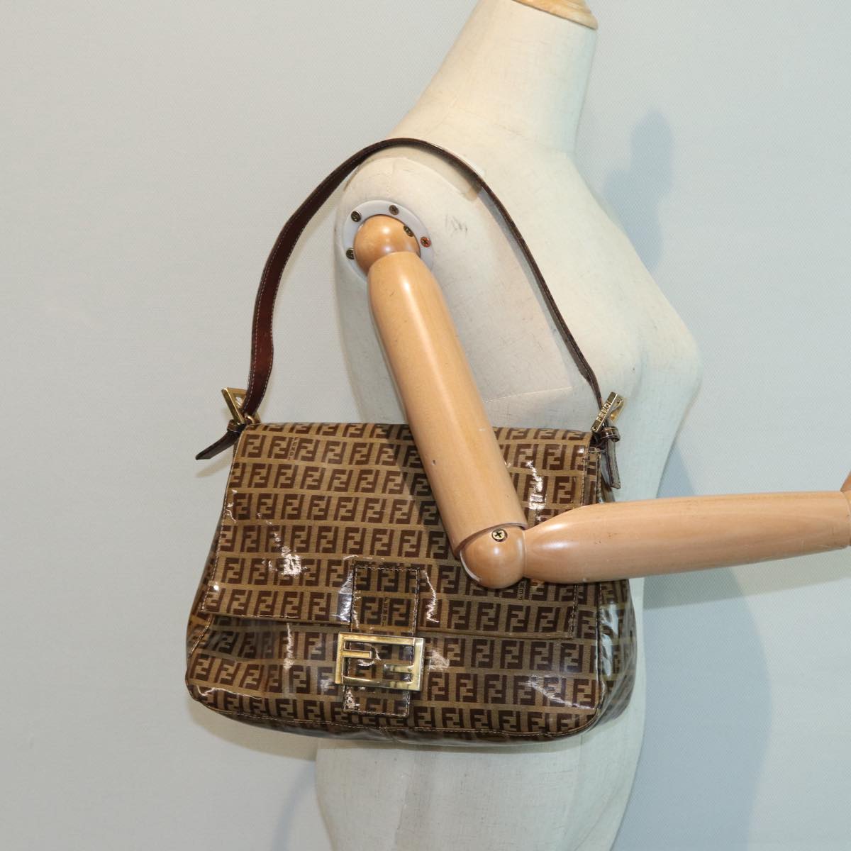 FENDI Zucchino Canvas Mamma Baguette Shoulder Bag Gold Beige 86941