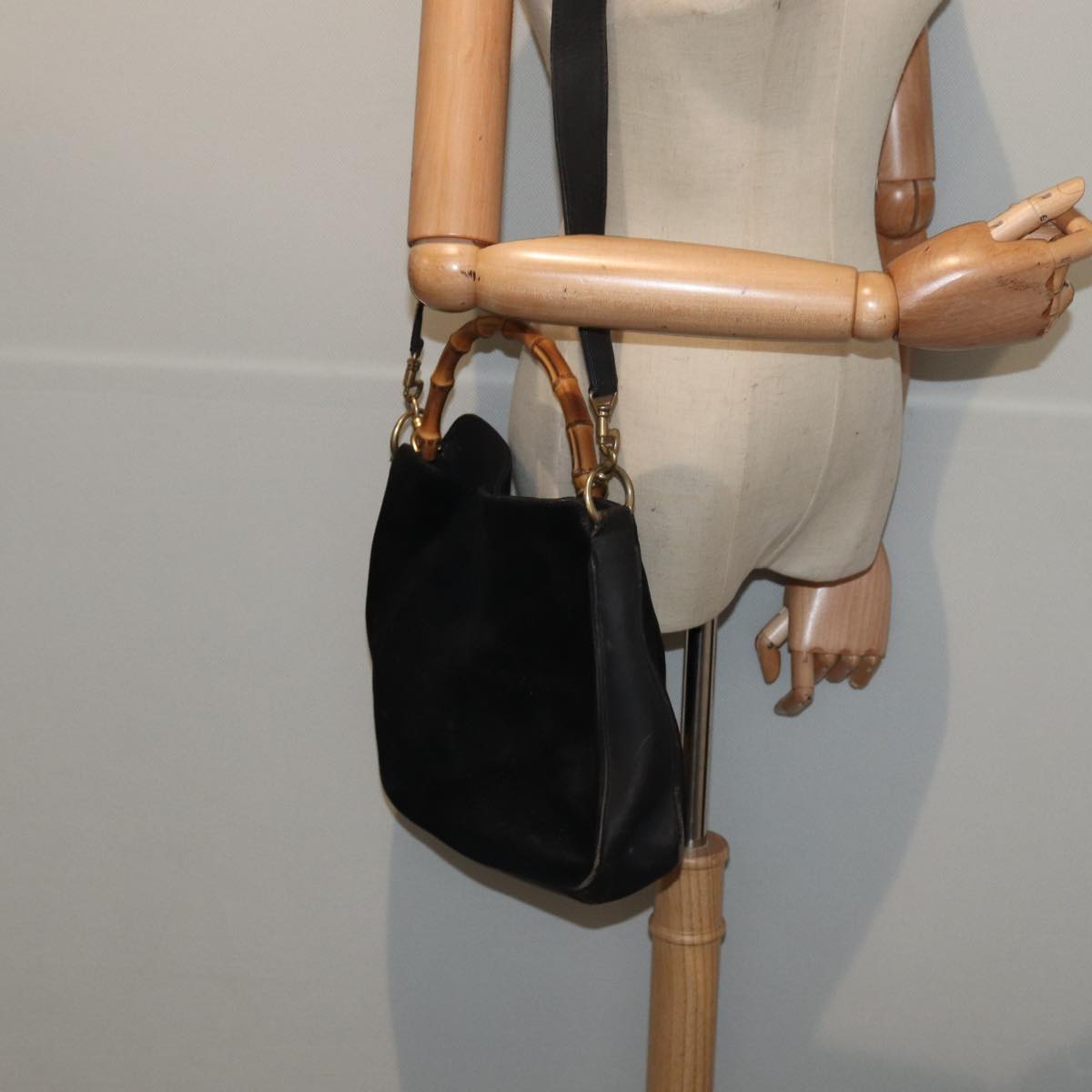 GUCCI Bamboo Hand Bag Suede 2way Black Gold 001 2058 1638 0 86967