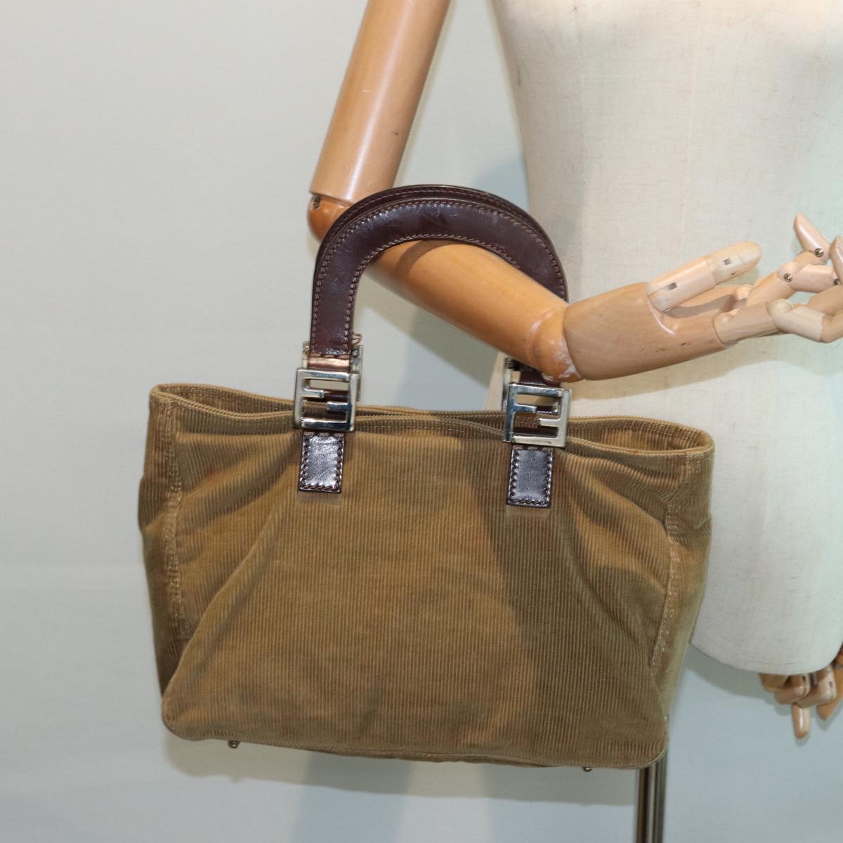 FENDI Hand Bag Corduroy Brown 87167