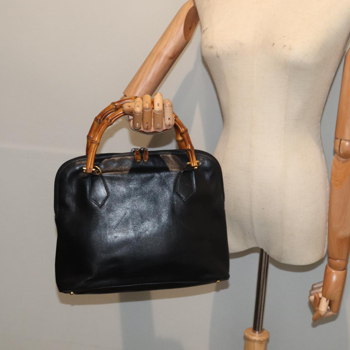 GUCCI Bamboo Hand Bag Leather Black Gold 000 2214 0289 87176