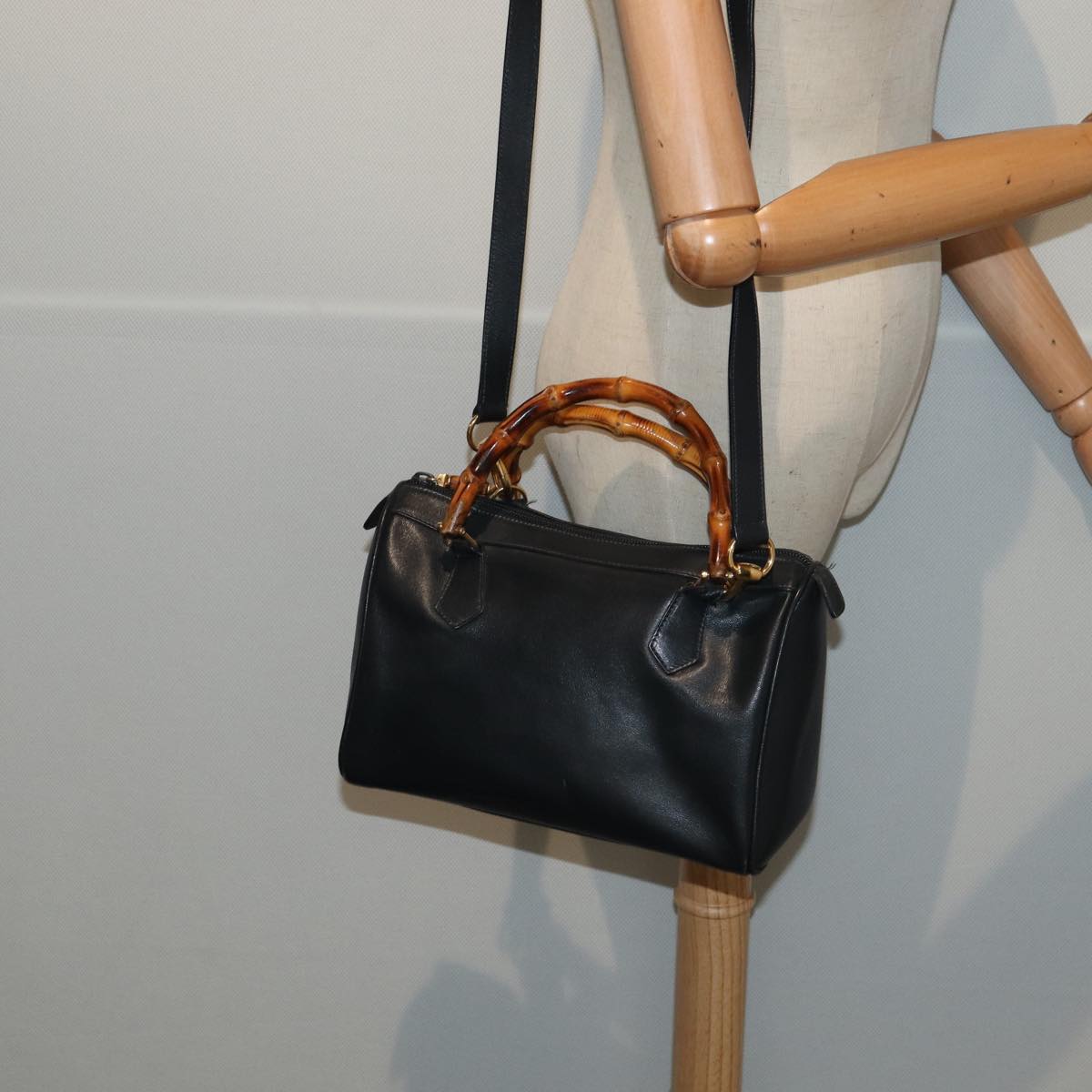 GUCCI Bamboo Hand Bag Leather 2way Black Gold 000 3444 0294 87242