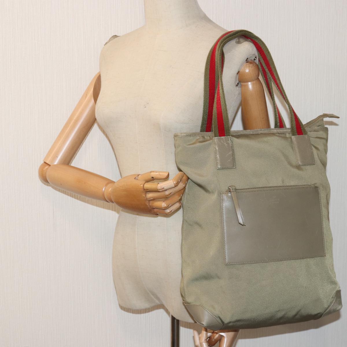 GUCCI Web Sherry Line Tote Bag Nylon Beige Red Green 019 0401 1956 87267