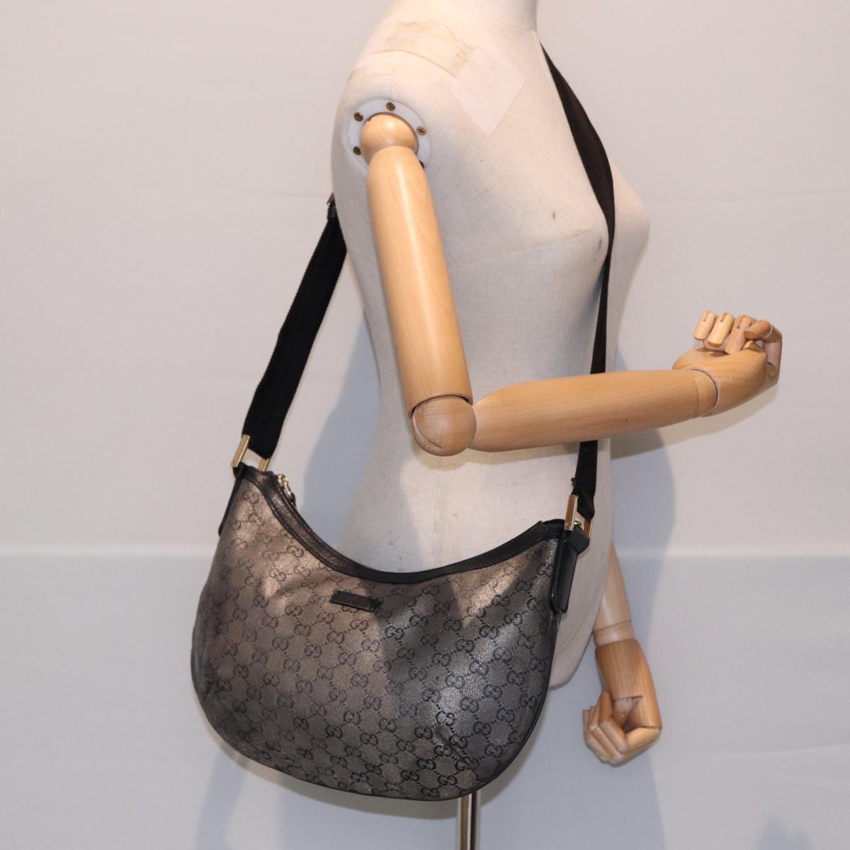 GUCCI GG Crystal Shoulder Bag Coated Canvas Silver Black 181092 87343