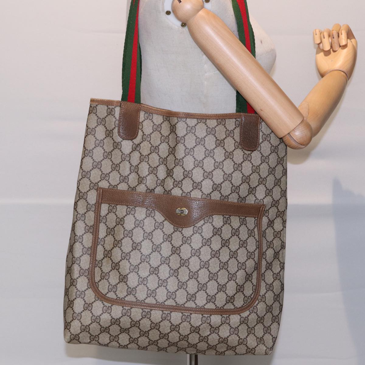GUCCI GG Supreme Web Sherry Line Tote Bag PVC Beige Red 40 02 003 87629