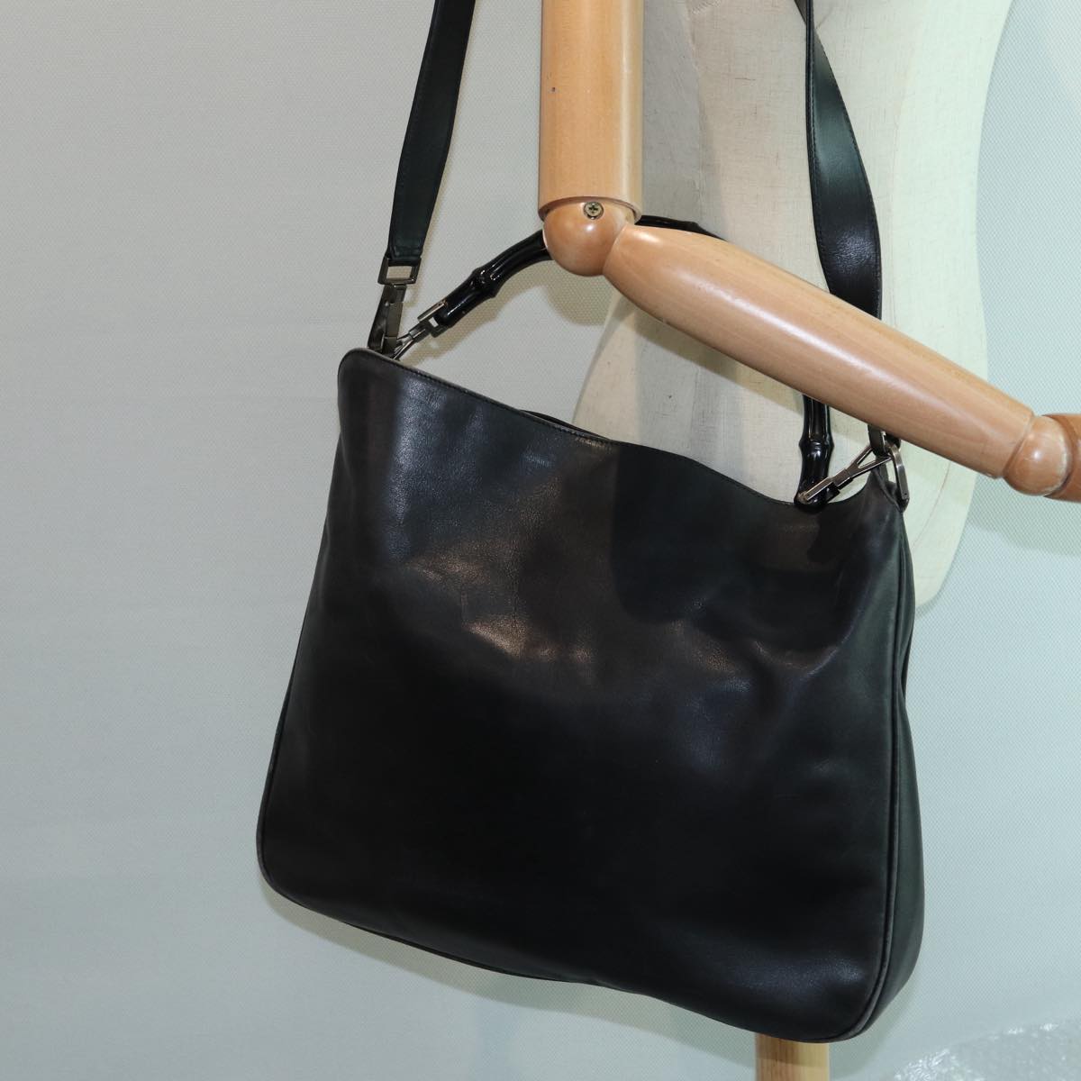 GUCCI Bamboo Shoulder Bag Leather 2way Black Silver 0011577 87779