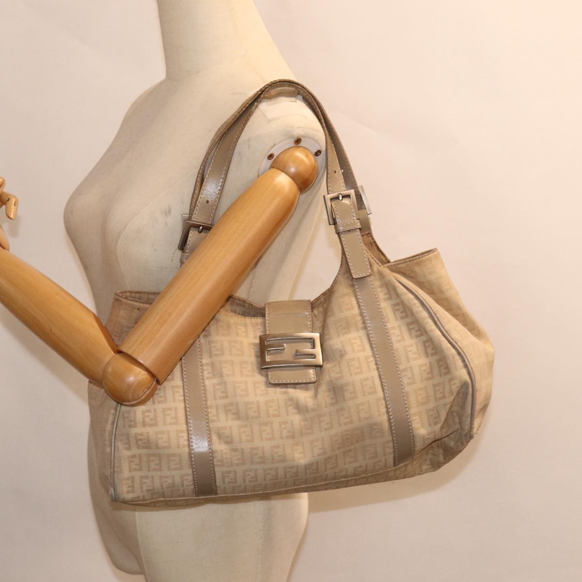 FENDI Zucchino Canvas Shoulder Bag Silver Beige 87811