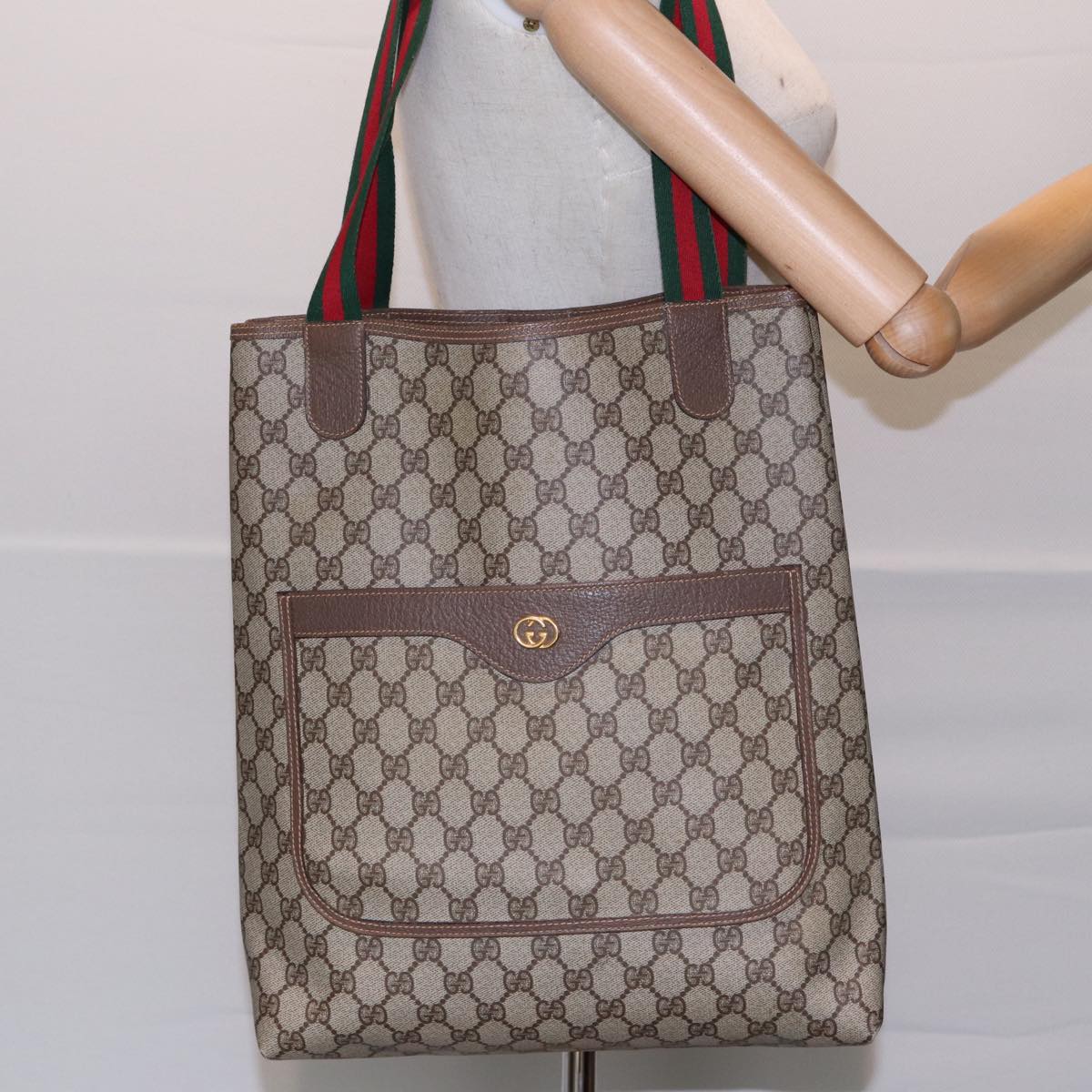 GUCCI GG Supreme Web Sherry Line Tote Bag PVC Beige Red Green 002 123 87902