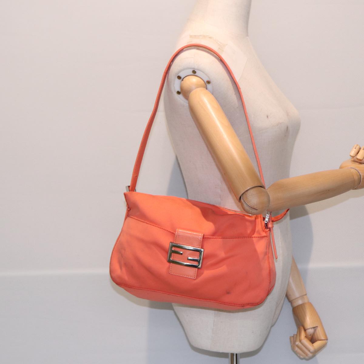 FENDI Mamma Baguette Shoulder Bag Nylon Orange Silver 88076