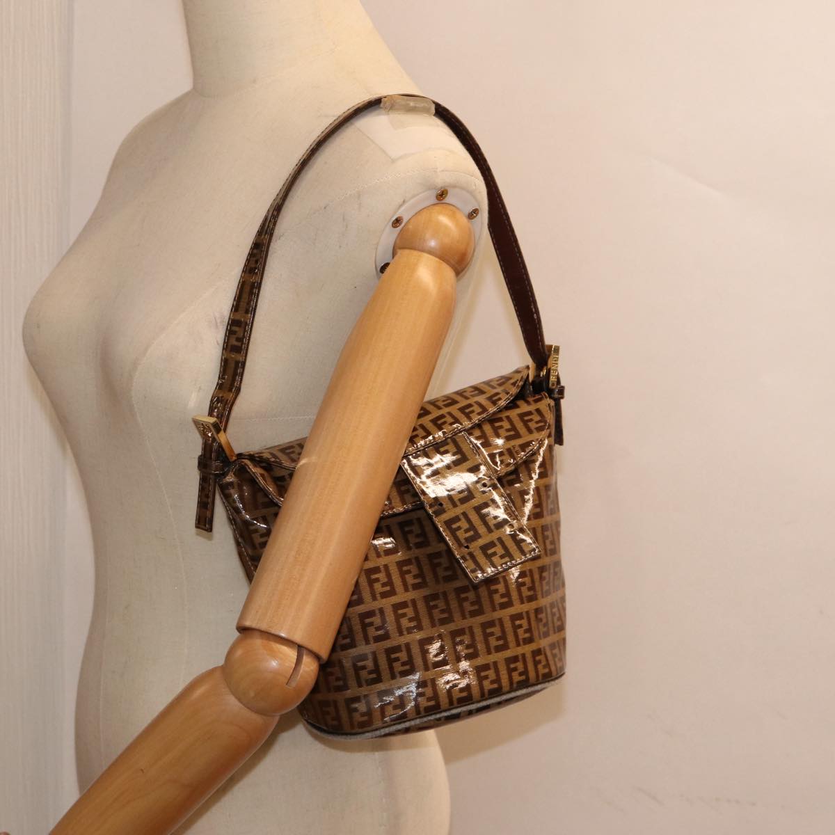FENDI Zucchino Canvas Hand Bag Beige Gold 88084
