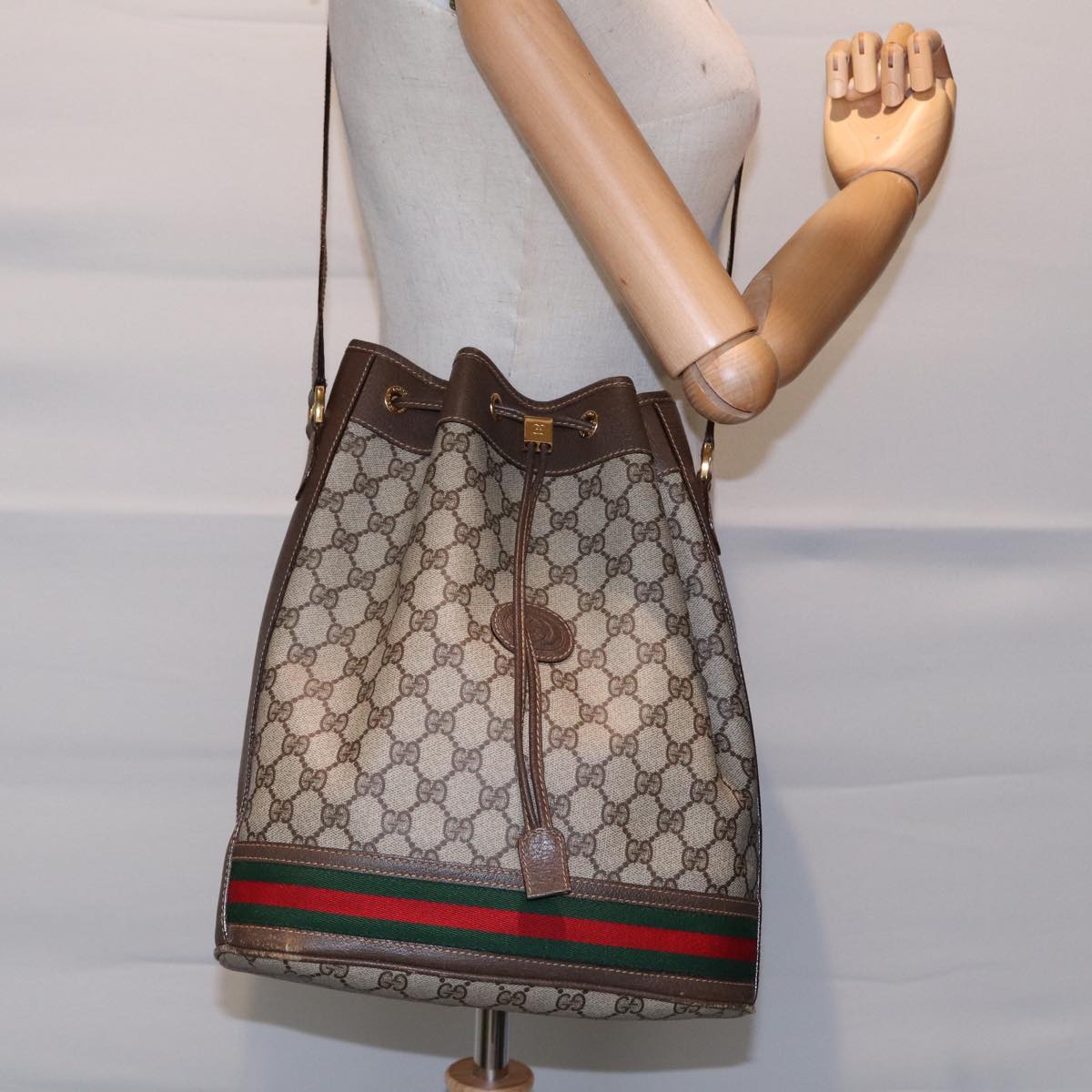 GUCCI GG Supreme Web Sherry Line Shoulder Bag Beige Gold 001 164 0933 88150