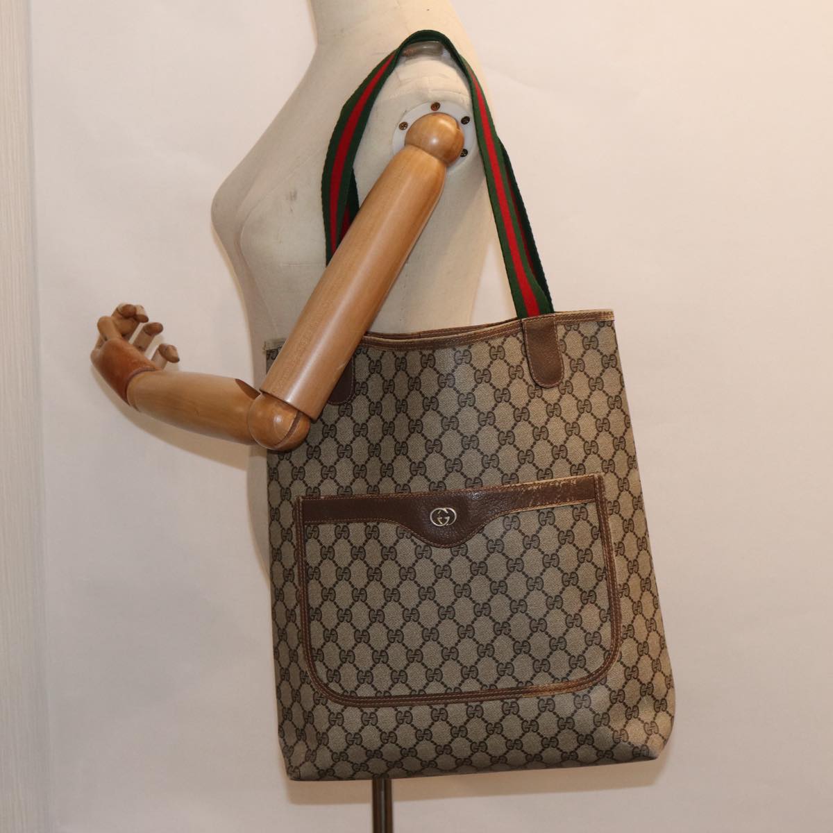 GUCCI GG Supreme Web Sherry Line Tote Bag PVC Beige Red 40 02 003 88153
