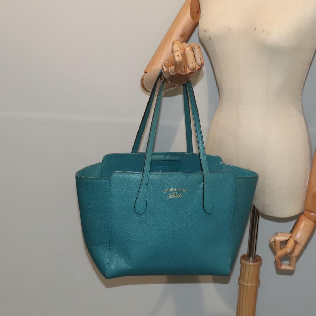 GUCCI Tote Bag Leather Turquoise Blue Gold 354408 88161