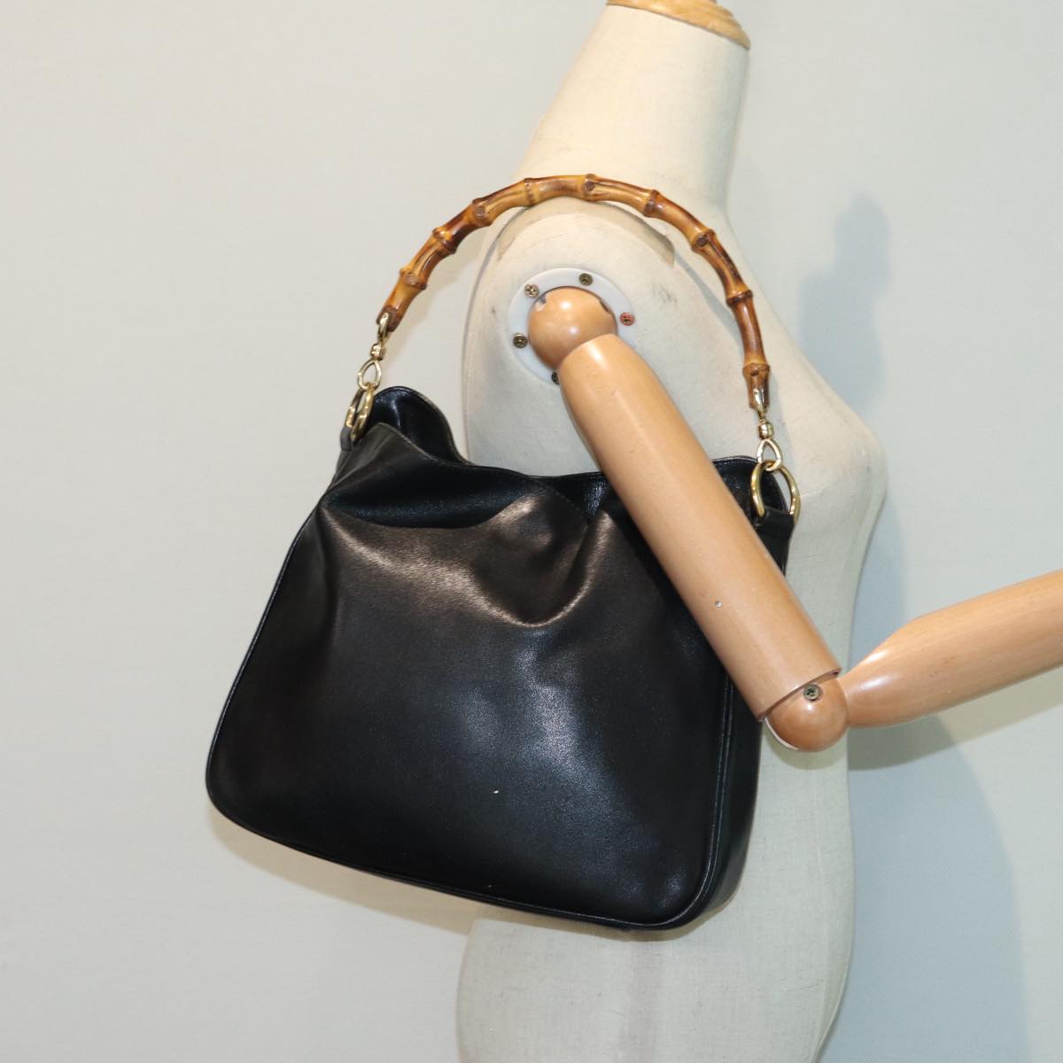 GUCCI Bamboo Hand Bag Leather Black Gold 88409