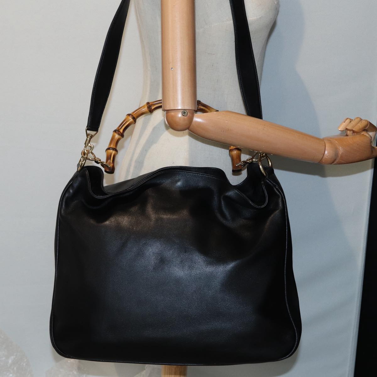 GUCCI Bamboo Hand Bag Leather 2way Black Gold 001 2058 1577 0 88416