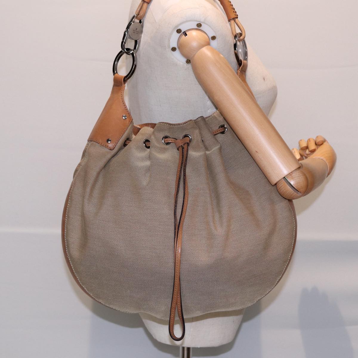 GUCCI Shoulder Bag Canvas Leather Beige Brown Silver 109210 88498