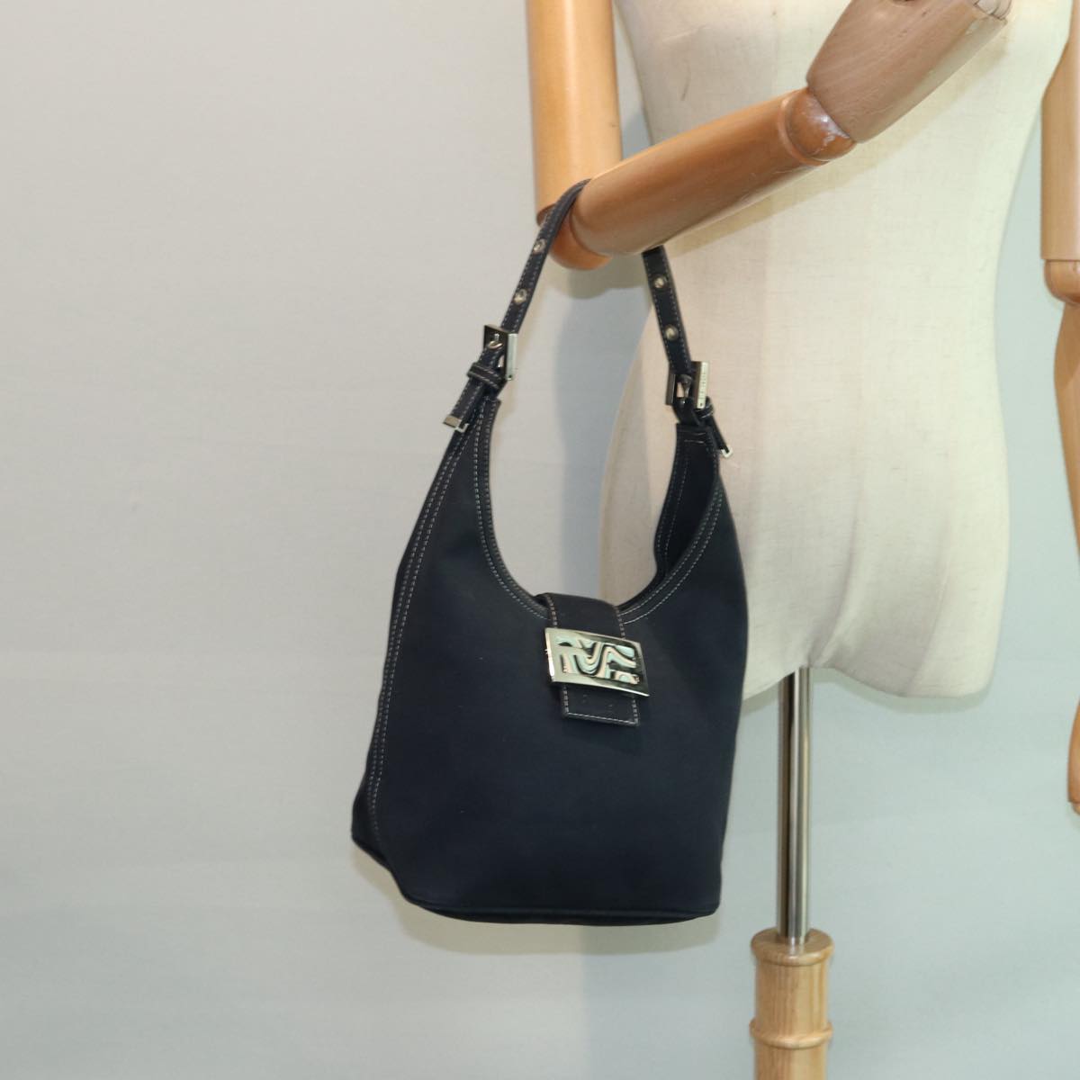 FENDI Mamma Baguette Shoulder Bag Canvas Navy Silver 88583