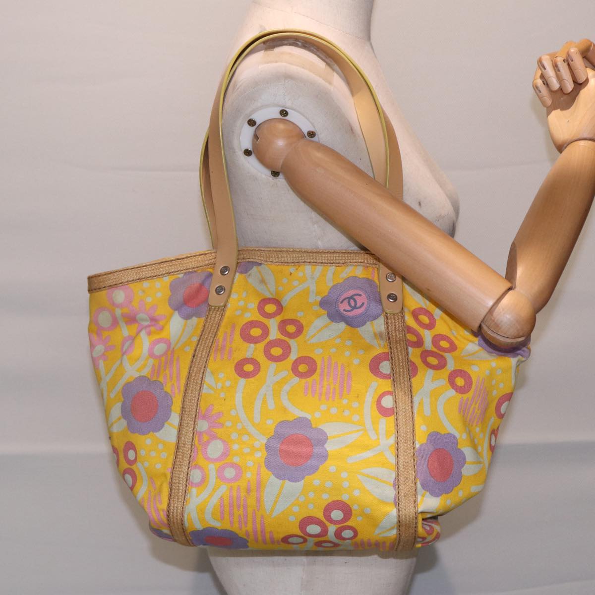 CHANEL Tote Bag Canvas Yellow Silver CC 88643