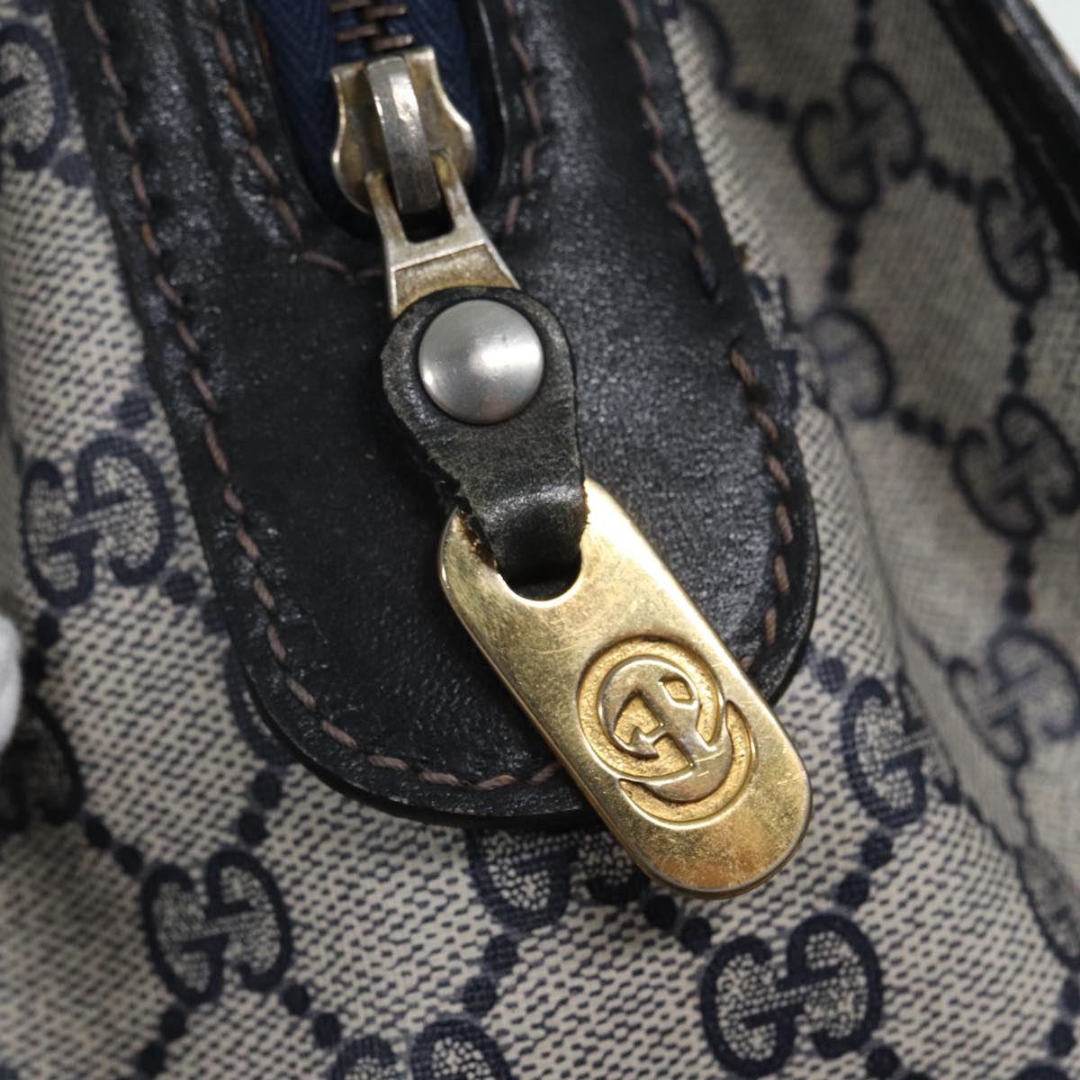 GUCCI GG Supreme Sherry Line Hand Bag PVC Leather Navy Gold 88649