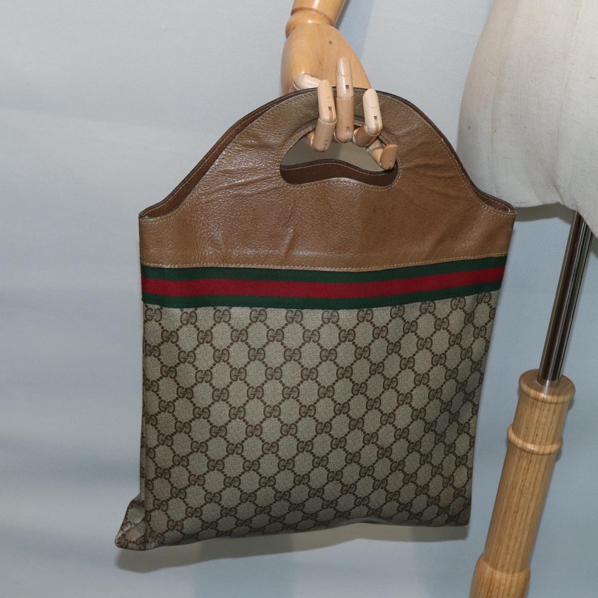 GUCCI GG Supreme Web Sherry Line Hand Bag PVC Leather Beige 88823