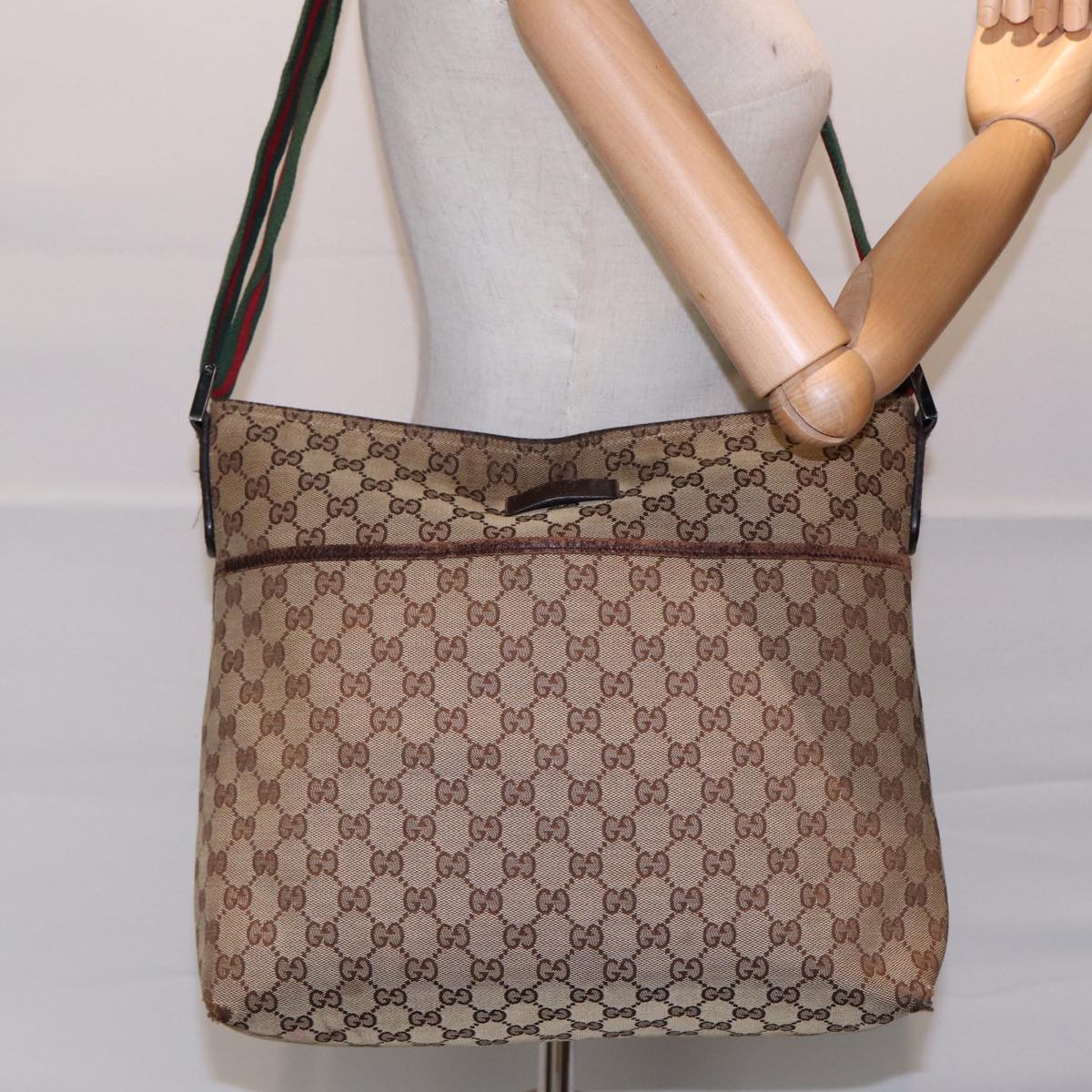 GUCCI GG Canvas Web Sherry Line Shoulder Bag Beige Silver Red 189751 89136