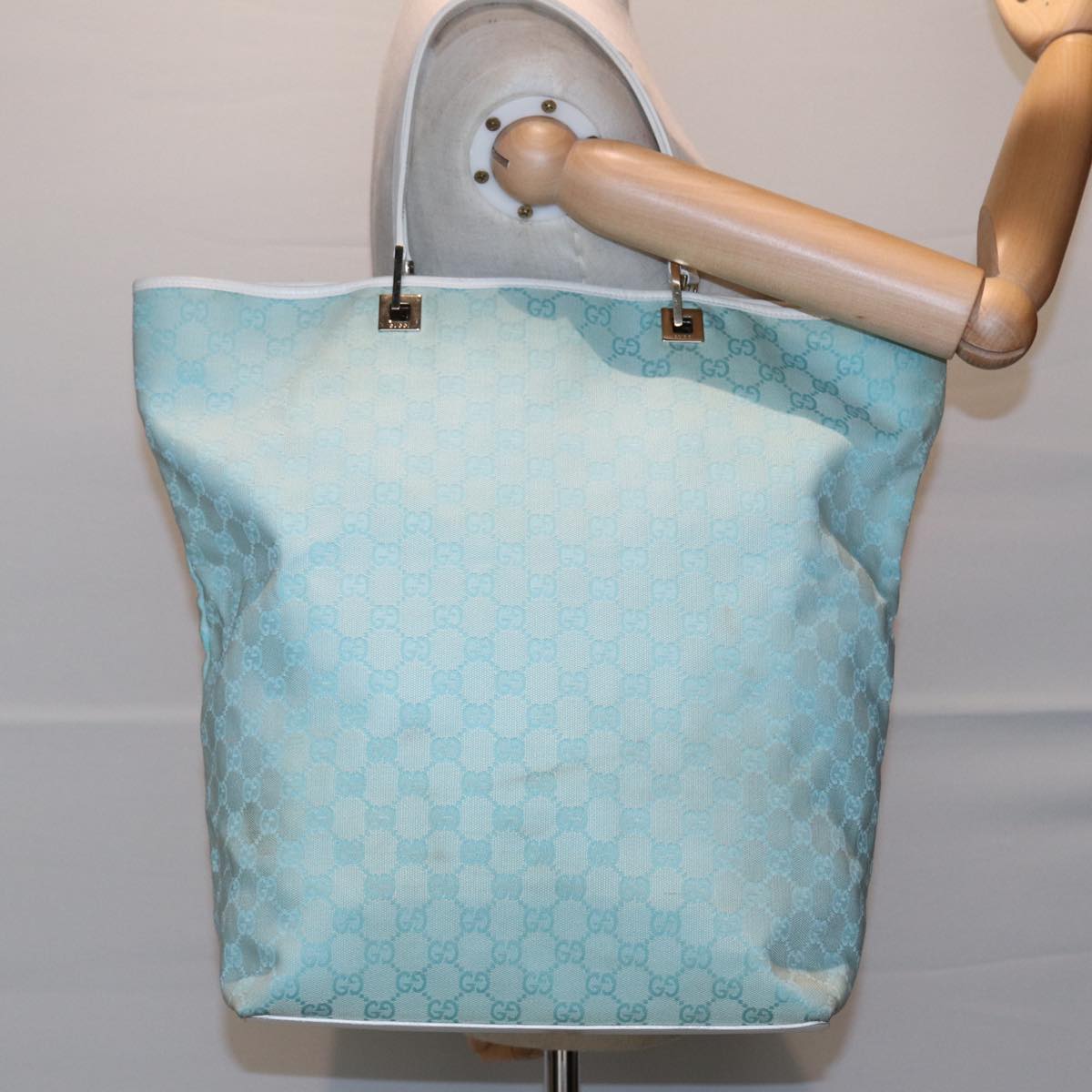 GUCCI GG Canvas Tote Bag Light Blue White Gold 002 1097 89242