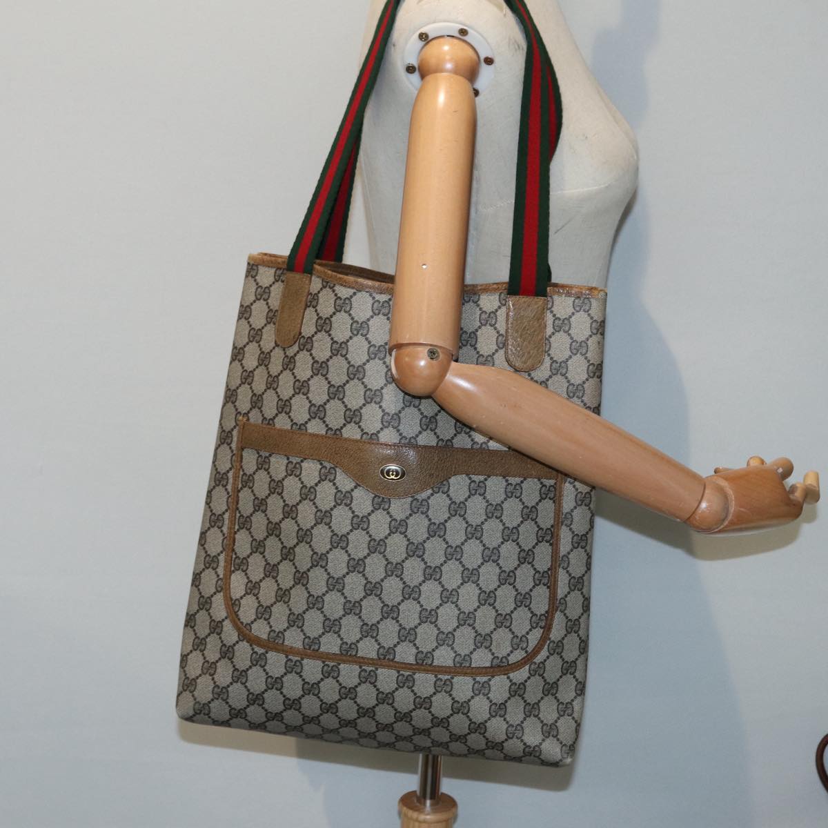 GUCCI GG Supreme Web Sherry Line Tote Bag PVC Beige Red 53 02 2140 89244
