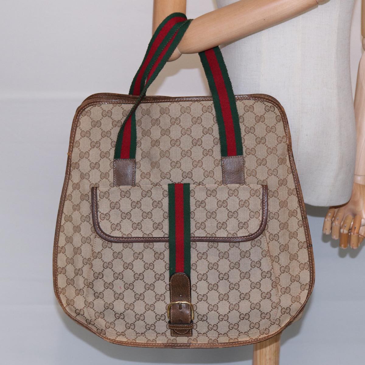 GUCCI GG Canvas Web Sherry Line Tote Bag Beige Green Red 89277
