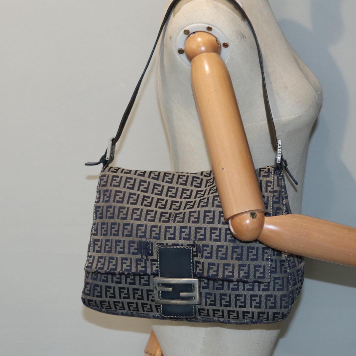 FENDI Zucchino Canvas Mamma bucket Hand Bag Navy 89278