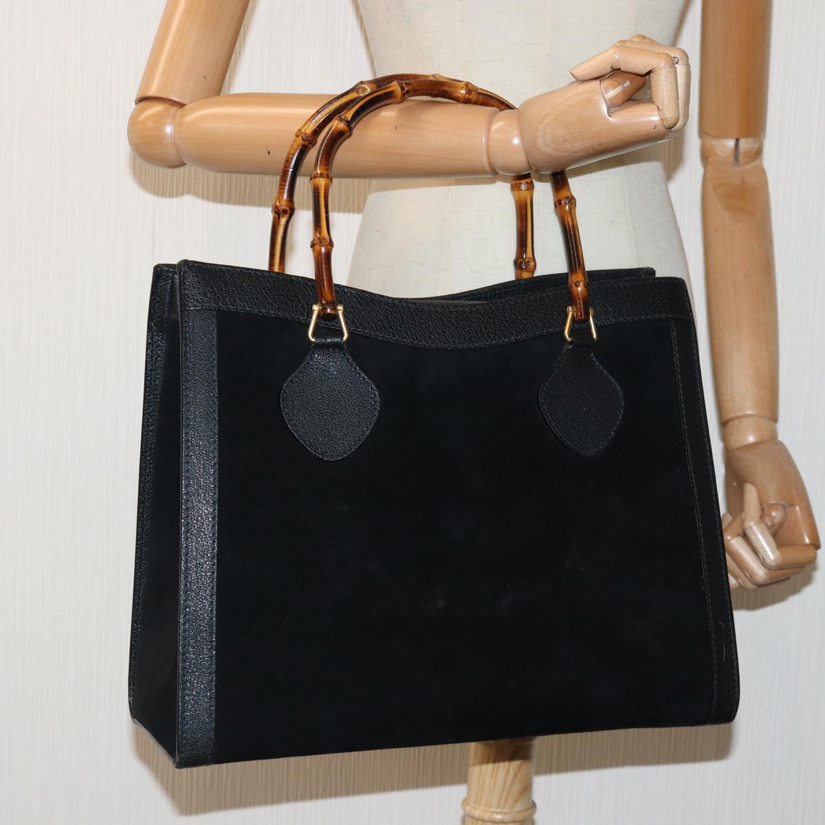 GUCCI Bamboo Hand Bag Suede Leather Black Gold 002 2853 0260 0 89463