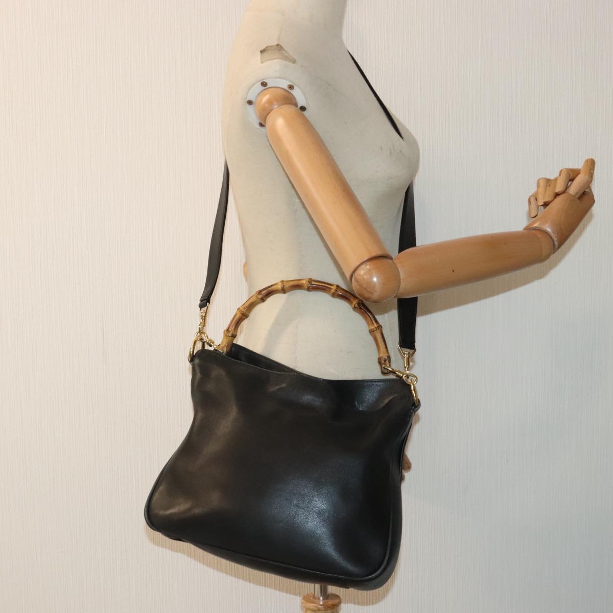 GUCCI Bamboo Hand Bag Leather 2way Black Gold 001 1638 2058 89464