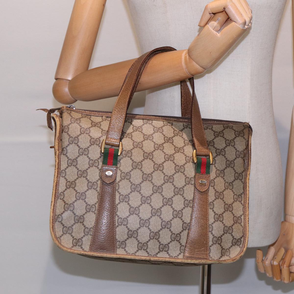 GUCCI GG Supreme Web Sherry Line Hand Bag PVC Beige Gold 41 02 039 89540