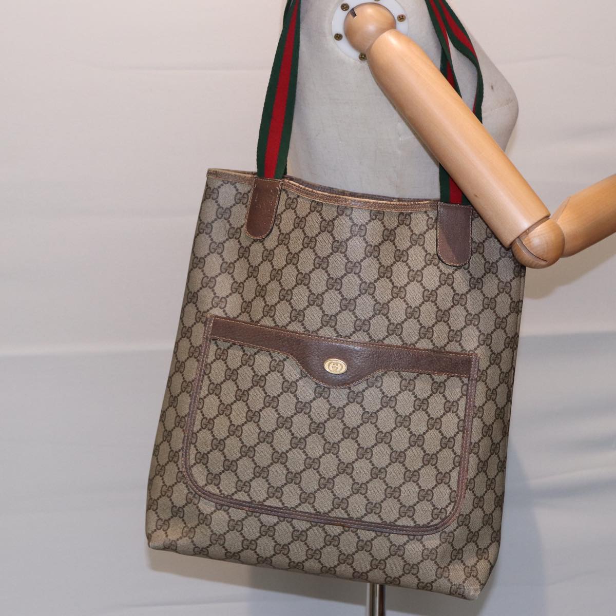 GUCCI GG Supreme Web Sherry Line Tote Bag PVC Beige Red 39 02 003 89562