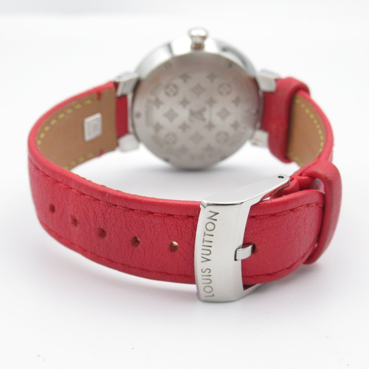 Louis Vuitton Tambour Slim MM 8P Diamond Watch Stainless Steel Leather Belt Silver Q13MJ