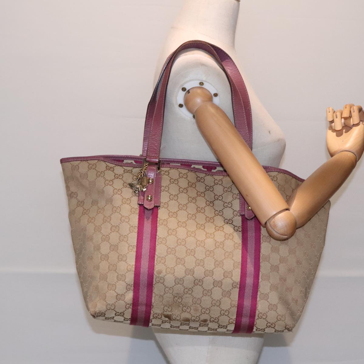 GUCCI GG Canvas Sherry Line Tote Bag Beige Gold pink 139260 90173