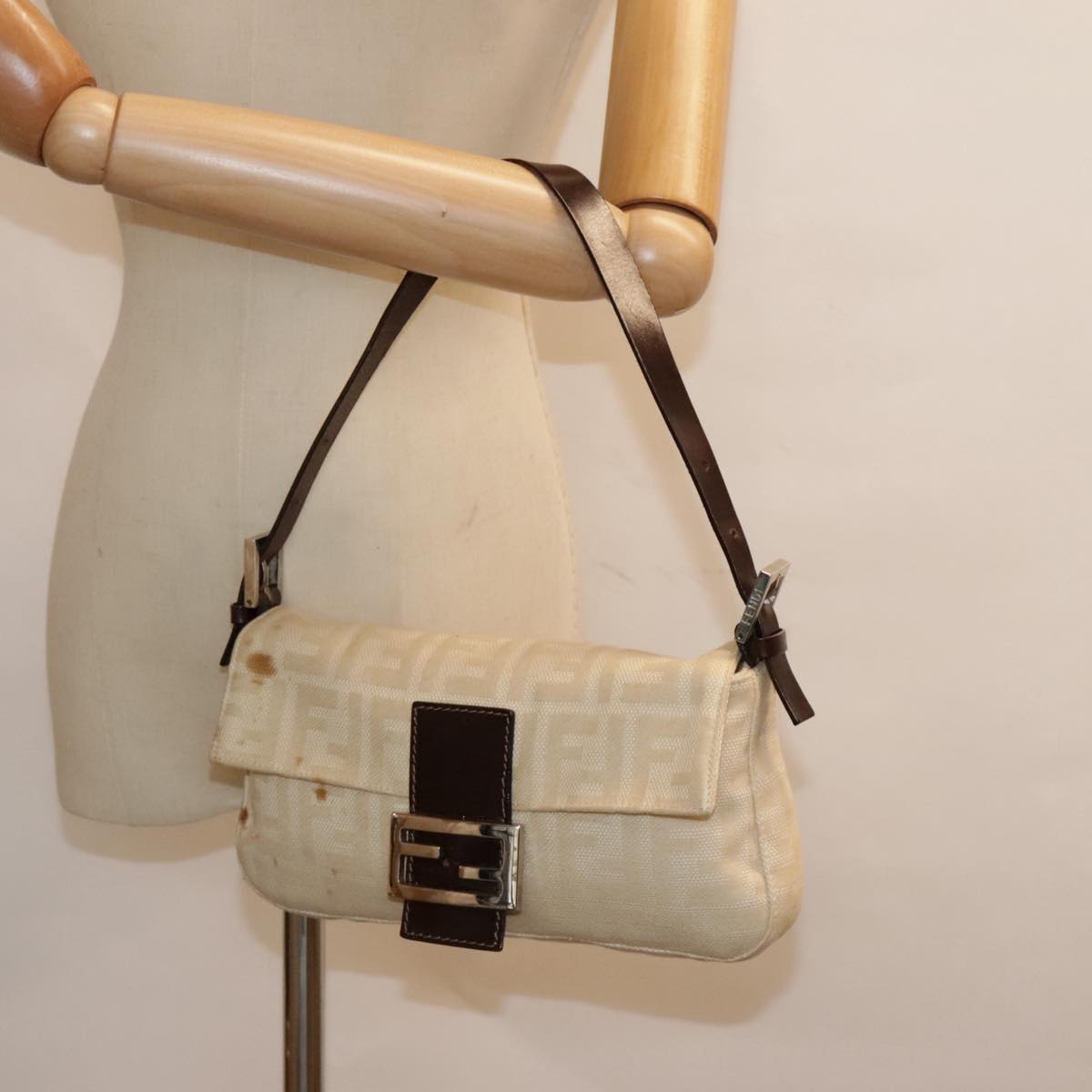 FENDI Zucca Canvas Mamma Baguette Shoulder Bag Beige Brown Silver 90203