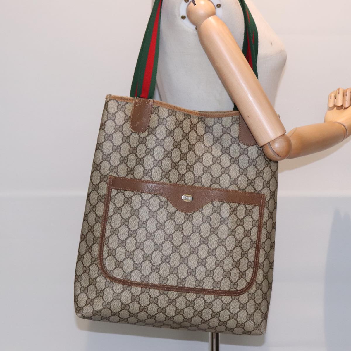 GUCCI GG Supreme Web Supreme Tote Bag PVC Leather Beige 39 02 003 90419