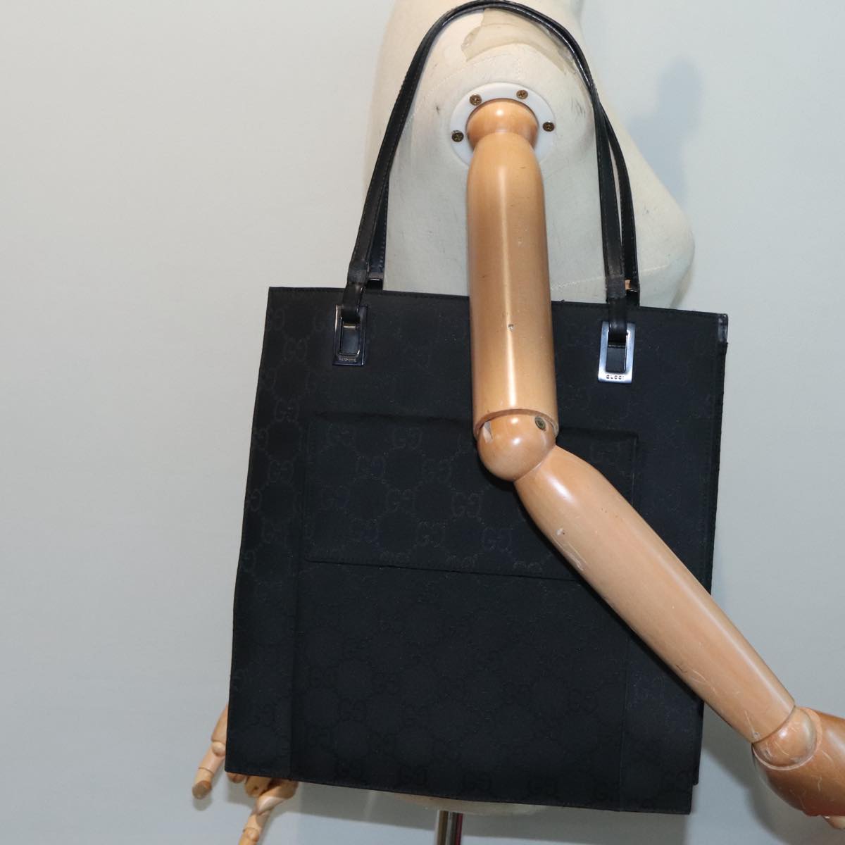 GUCCI GG Canvas Tote Bag Black Silver 90477
