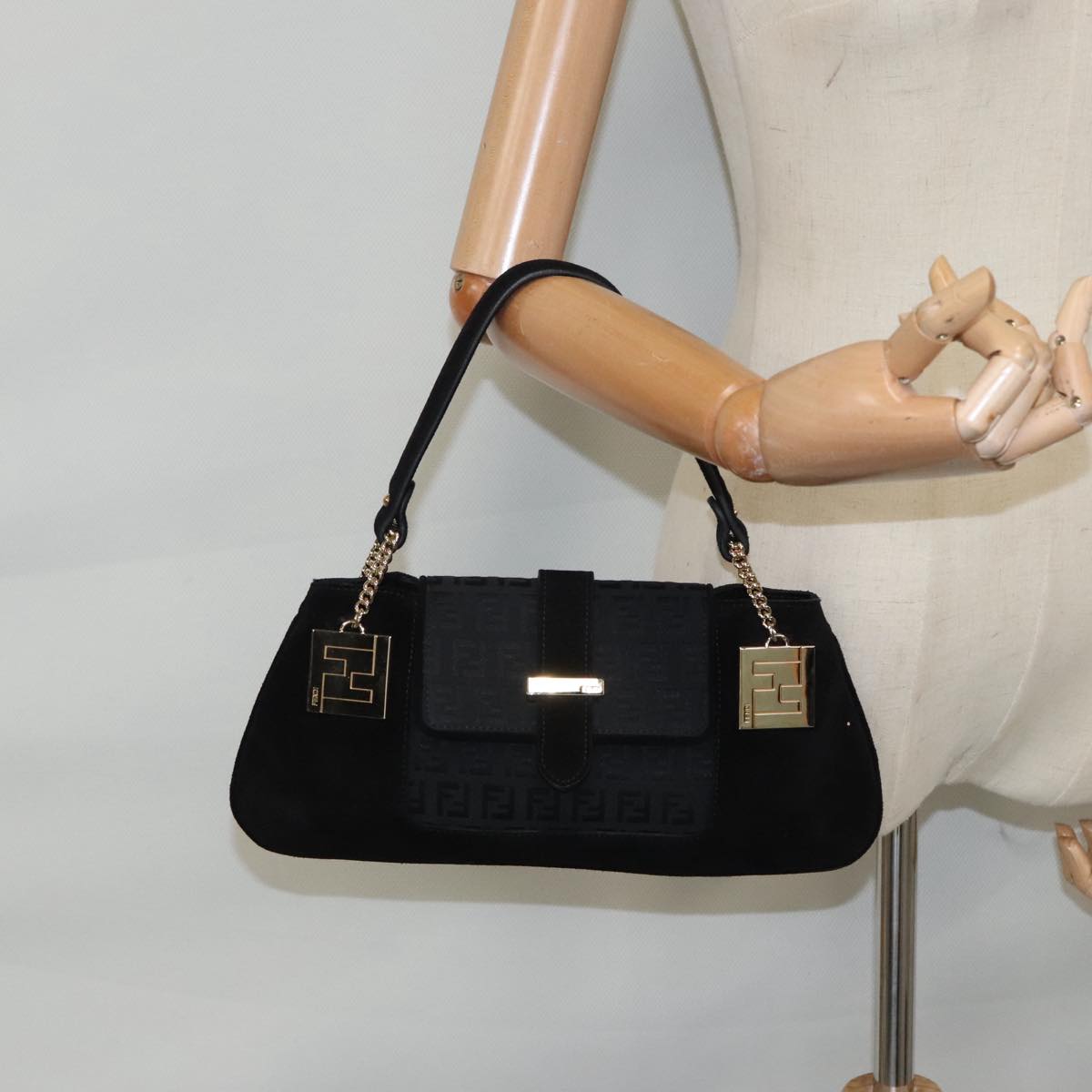 FENDI Zucchino Canvas Shoulder Bag Black Gold 90485
