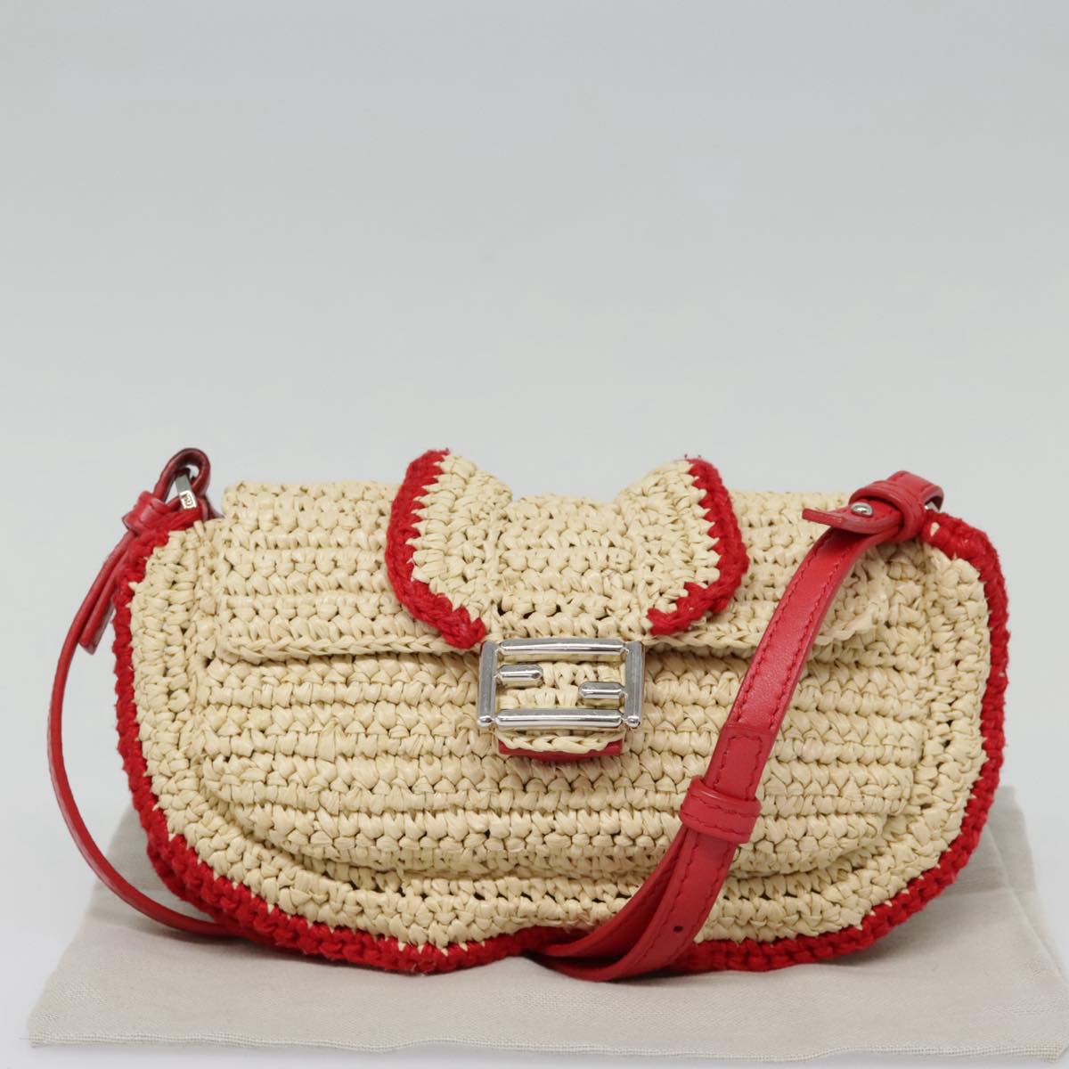 FENDI Shoulder Bag straw Beige Red 8M0354 90505