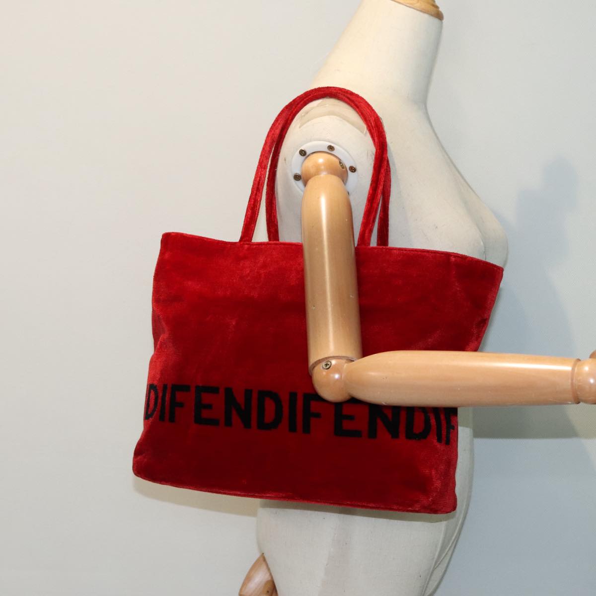 FENDI Tote Bag Corduroy Red Black Silver 90542