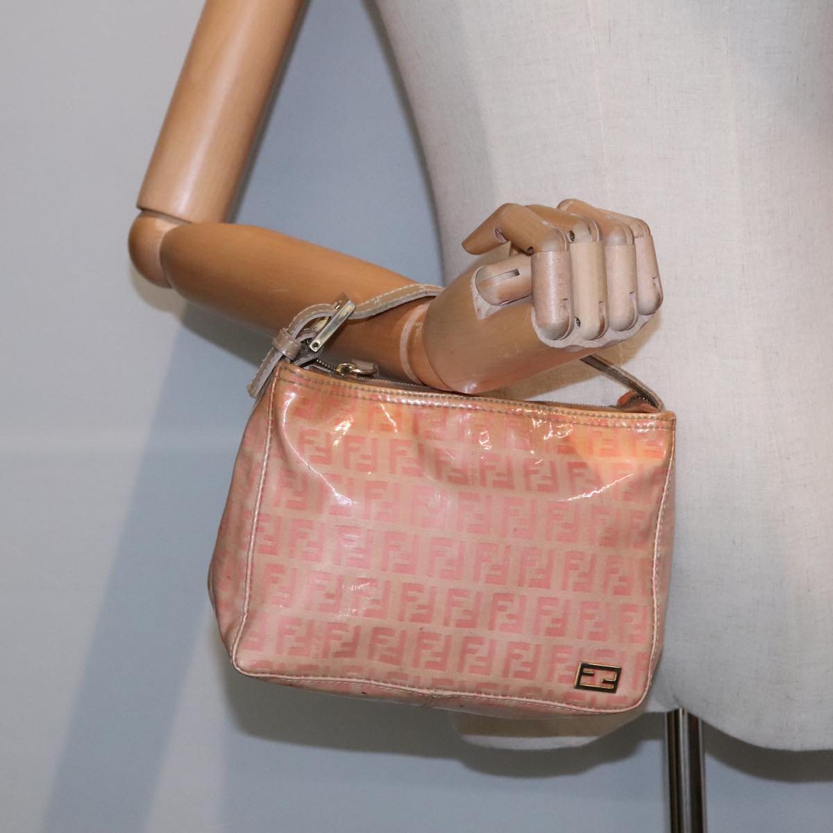 FENDI Zucchino Canvas Hand Bag Enamel Orange Gold 90583