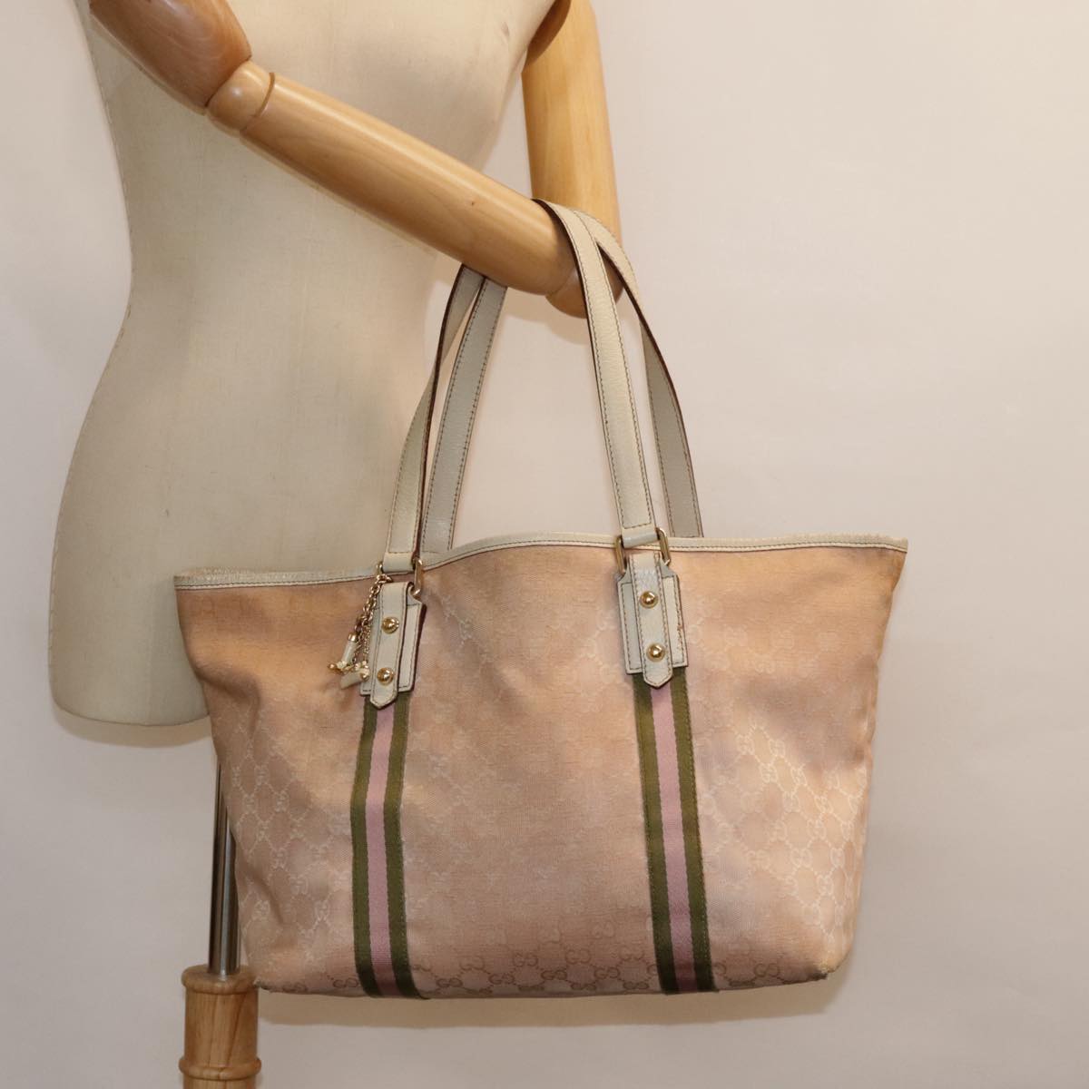 GUCCI GG Canvas Sherry Line Tote Bag Pink White gold 139260 90584