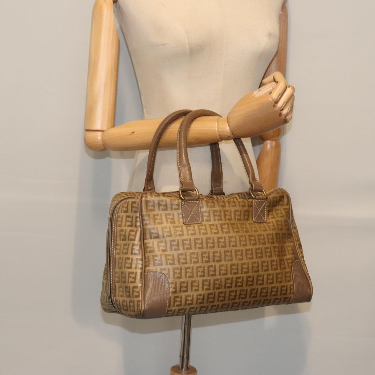 FENDI Zucchino Canvas Hand Bag Vintage Brown Gold 90592