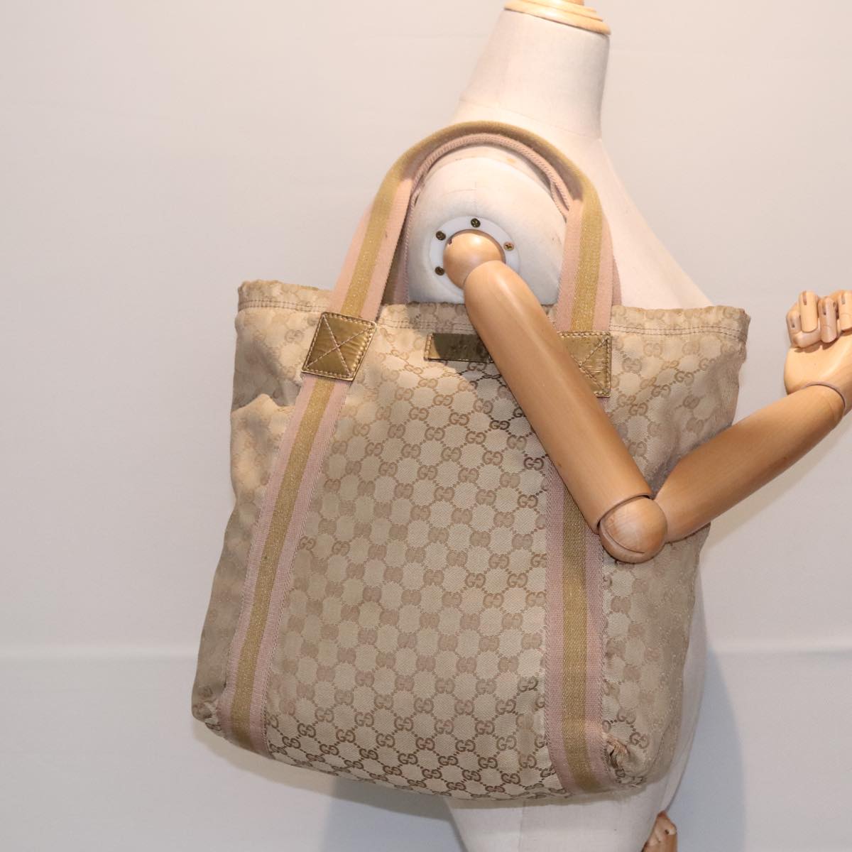 GUCCI GG Canvas Sherry Line Tote Bag Beige Pink 189669 90670